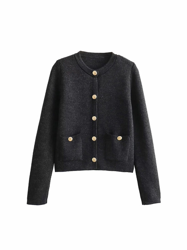 TRAF 2024 Autumn Knitted Slim Fitting Women's Cardigan Long Sleeve Pocket Single Breasted Female Sweater Fashion Lady Top