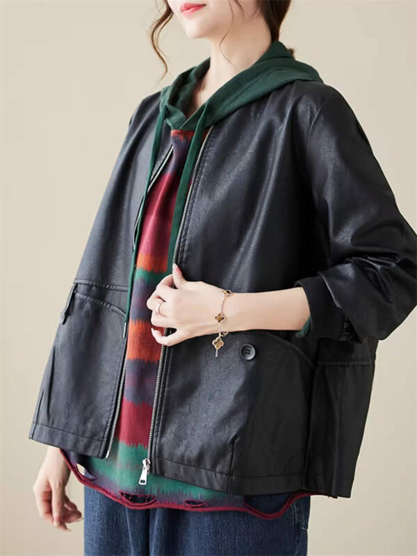 Casaco de couro PU preto puro feminino, blusa curta com gola de beisebol, jaqueta casual solta, versátil, primavera, outono, Z4818, 2022