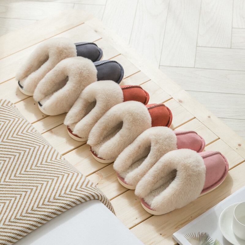 2023 Winter Warm Home Fur Slippers Women Luxury Faux Suede Plush Couple Cotton Shoes Indoor Bedroom Flat Heels Fluffy Slippers