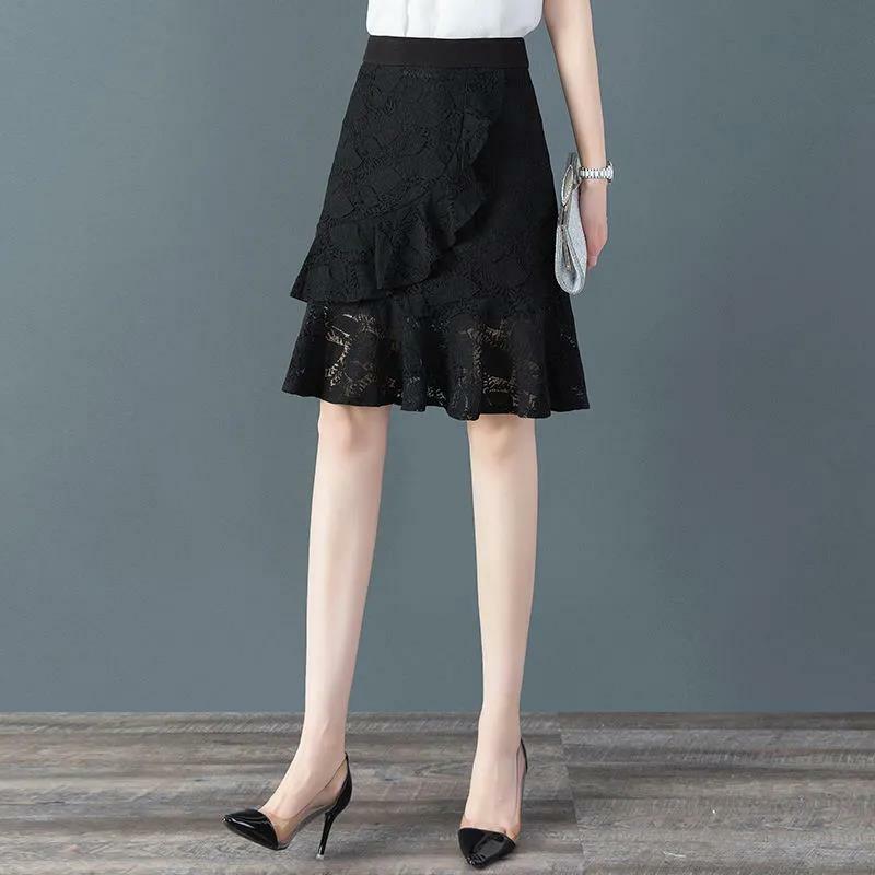 Summer New Black Thin Irregular A-line Skirt Solid Color Patchwork All-match Slim Lace Skirt Elegant Vintage Women Clothing