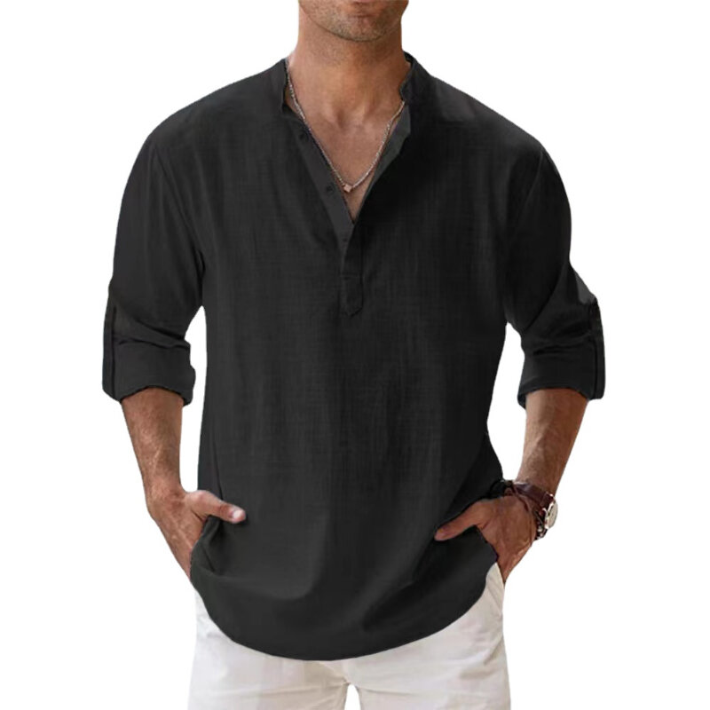 جديد قمصان من القطن والكتان للرجال قمصان عادية خفيفة الوزن طويلة الأكمام هينلي قمصان الشاطئ هاواي تي شيرت للرجال