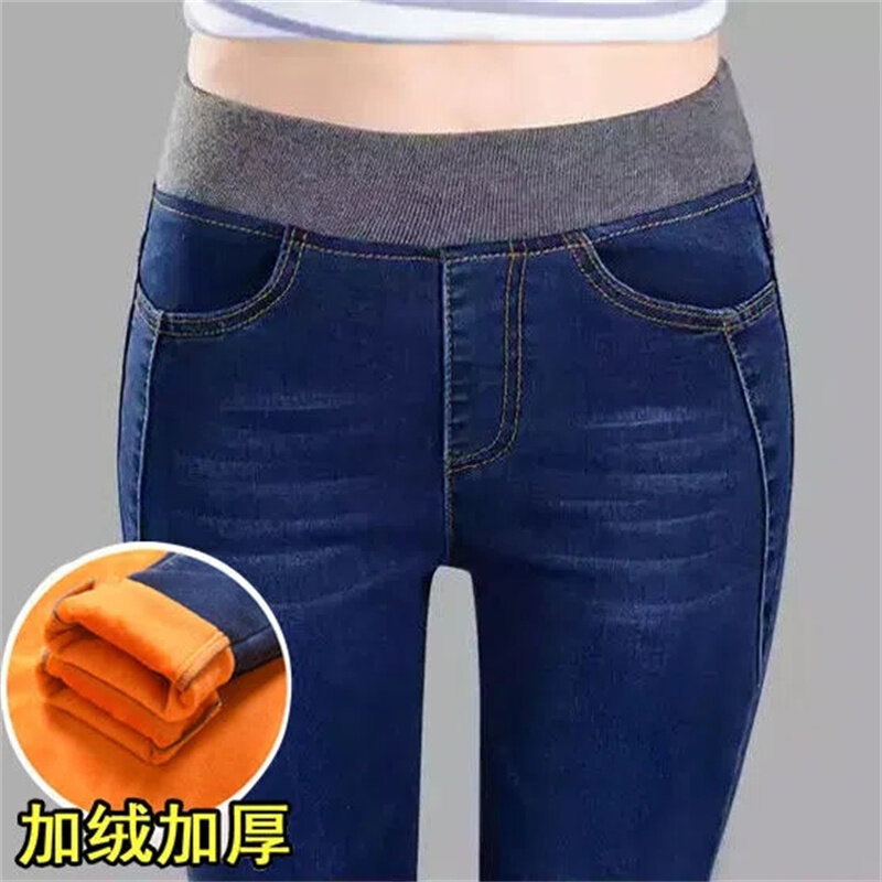 Inverno mais veludo estiramento jeans mulheres oversize 40 cintura alta magro vaqueros denim denim grosso quente moda mãe lápis calças