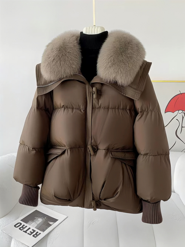 여성 빅 칼라 숏 다운 재킷, 두꺼운 화이트 덕 다운 인조 모피, 세련된 이국적 스타일, 겨울 신상