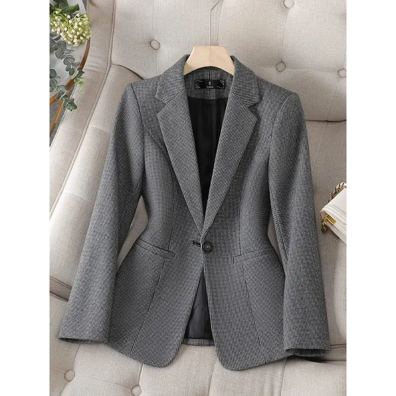 Blazer da donna scozzese grigio albicocca giacca formale da donna manica lunga con bottone singolo cappotto da lavoro femminile da lavoro