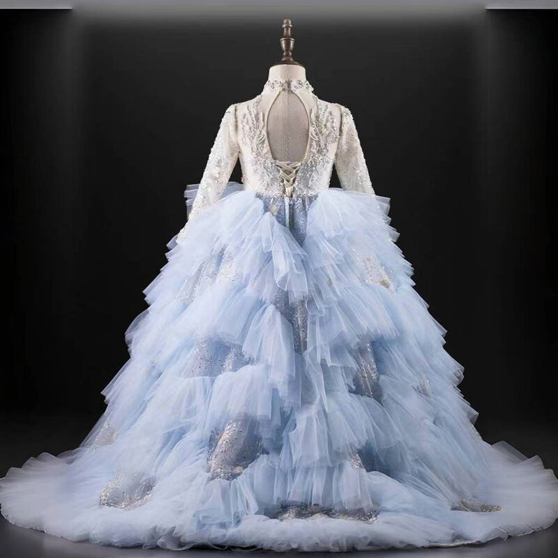 Jill Wish Luxury Blue Dubai Girl Dress Beaded Pearls Arabic Princess Kids Wedding Birthday Party Long Ball Gown 2024 J381