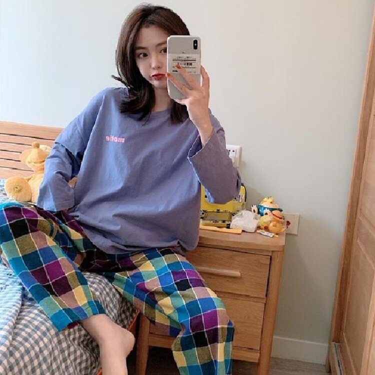 Клетчатый пуловер с длинным рукавом и длинные брюки, повседневный пижамный комплект для женщин, 2021, свободная простая Пижама, домашняя одежда, верхняя одежда