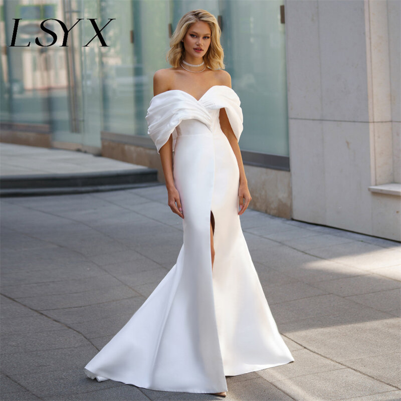 Lsyx-裸の肩のプリーツウェディングドレス,シンプルなマーメイドドレス,ジッパーバック,ハイサイド,床の長さ,ブライダルガウン,カスタムメイド