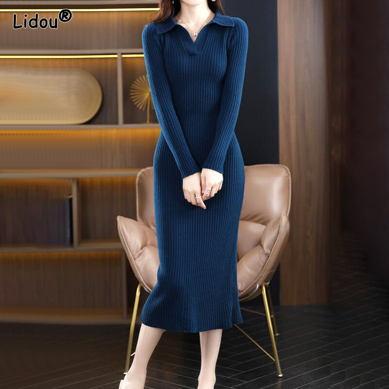 Turn-down colarinho fino cor elegante vestido de moda fino confortável simples milf magro popularidade malha roupas femininas 2022