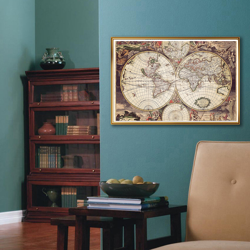 A2 Size Vintage Map of The World Spray Canvas Painting Medieval Retro Wall Art Poster School Supplies Living Room Home Decor