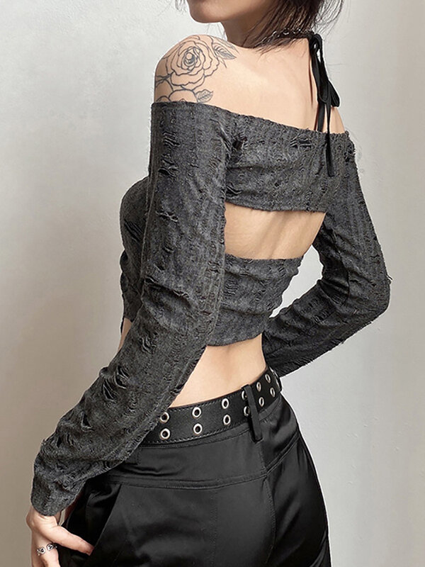 Camiseta gótica oscura Vintage para mujer, conjunto de 2 piezas con cordón, camisola Retro de hada Grunge, Tops cortos de manga larga con hebilla