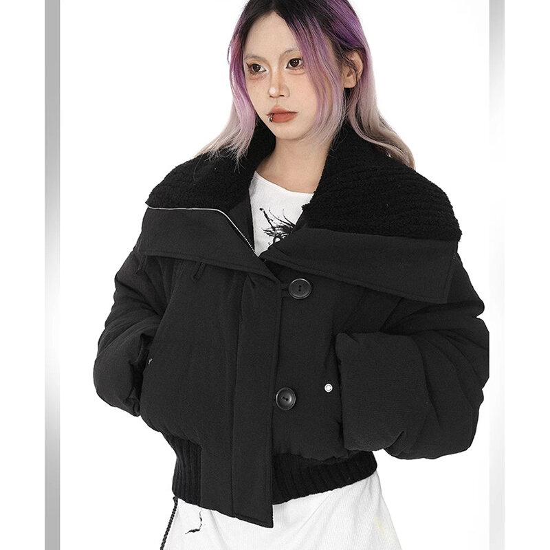 Fashion Casual Lapel Women Coat Autumn Winter Loose Spliced Design Cotton Padded Female Chic Coat Cotton Jacket