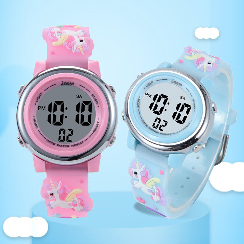 นาฬิกากันน้ำสำหรับเด็ก Jam Tangan elektronik 3D การ์ตูนสีสันสดใสยูนิคอร์นเรืองแสงลายม้า LED ของขวัญสำหรับเด็ก