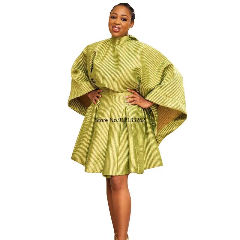 여성을 위한 아프리카 드레스 전통적인 배트윙 슬리브 아프리카 캉가 의류 패션, 새로운 스트라이프 프린트 플리츠 아프리카 짧은 드레스