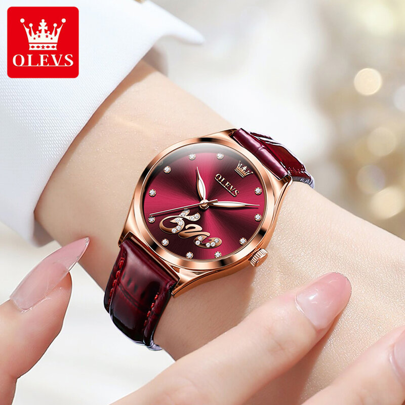 OLEVS นาฬิกาควอตซ์แบรนด์เพชรสุดหรูใหม่สำหรับผู้หญิงสายหนังนาฬิกาข้อมือผู้หญิงเรืองแสงกันน้ำ