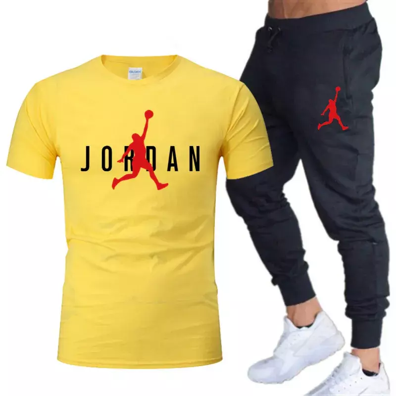 Лидер продаж, летний комплект из футболки и брюк, повседневные штаны для фитнеса и бега, футболка, модные мужские спортивные костюмы в стиле хип-хоп, мужские комплекты