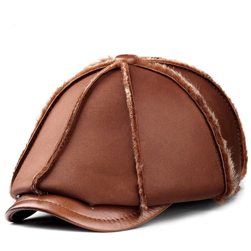Topi kulit oktagonal pria, baret musim dingin hangat pelindung telinga 100% asli bulu topi Ayah santai
