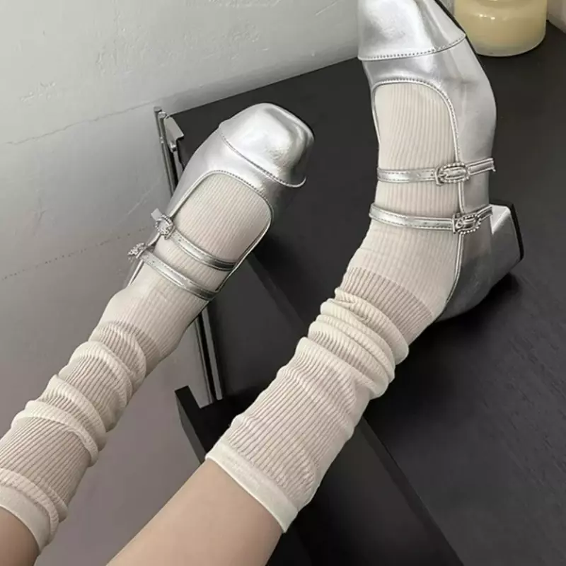 ถุงเท้า2ชิ้นสำหรับผู้หญิงถุงเท้าข้อเข่าถุงเท้าแบบประกบสำหรับผู้หญิงถุงเท้าข้อสูงปานกลาง Y2K ฤดูใบไม้ร่วงฤดูหนาวถุงเท้าลำลองนักเรียนเตรียมประถมเกาหลี