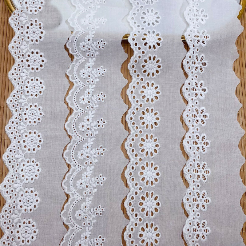 Tela de encaje de flores blancas bordadas de algodón 5Y, costura ancha de Dubái, adorno DIY, apliques de boda, cinta de cuello, guipur