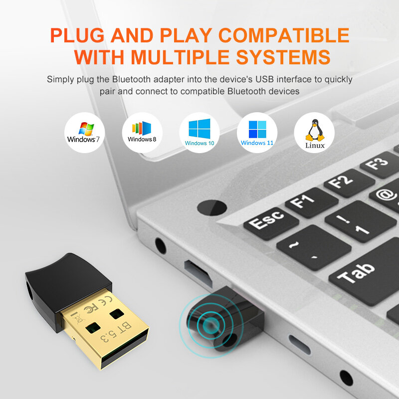 Adaptador USB Bluetooth 5.3 Dongle para PC Speaker, Teclado Mouse Sem Fio, Receptor De Áudio De Música, Transmissor