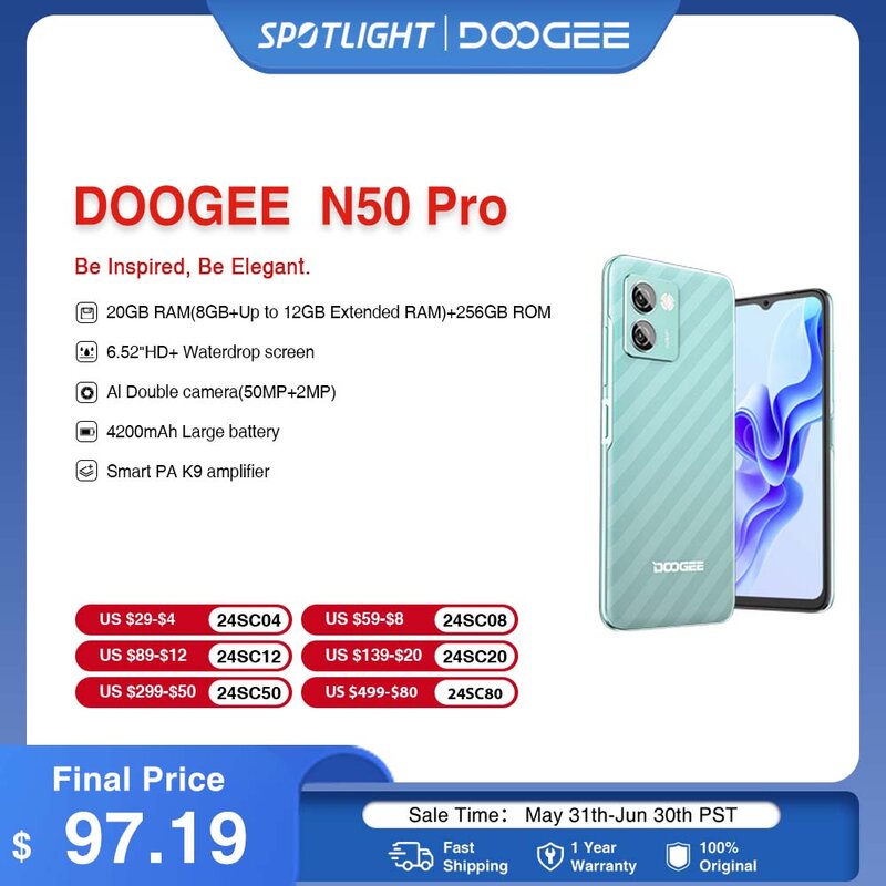 Смартфон DOOGEE N50 Pro на Android 6,52, процессор Ai, экран 256 дюйма, 8 ГБ + 4200 ГБ