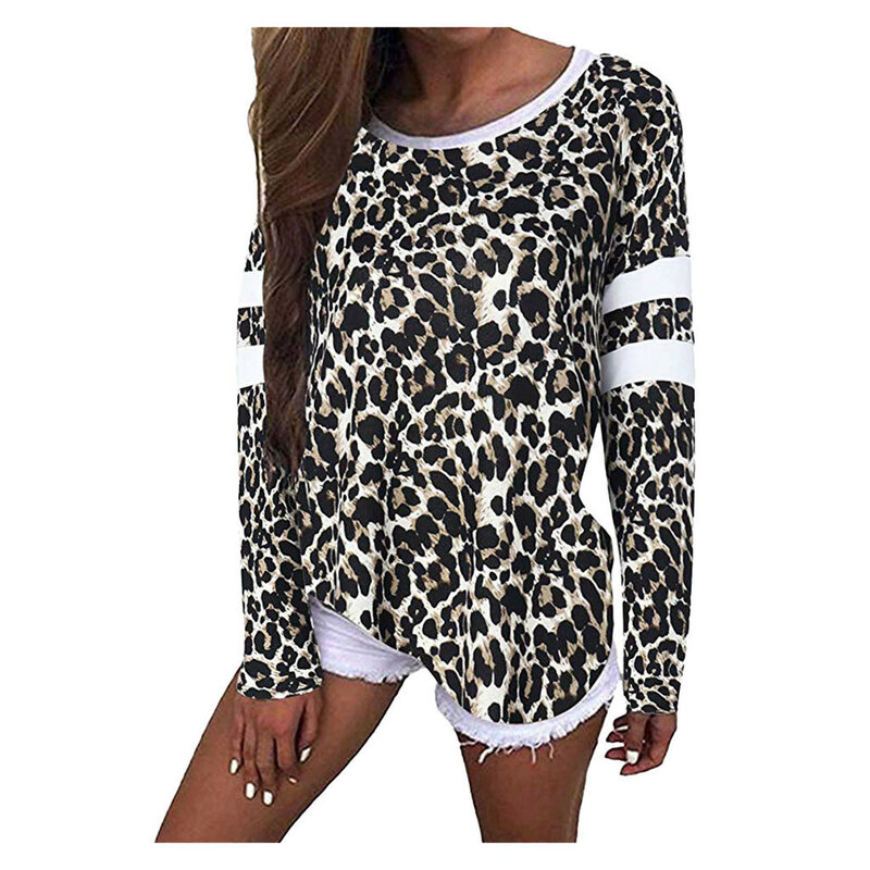 Женская футболка с леопардовым принтом, круглым вырезом и длинным рукавом