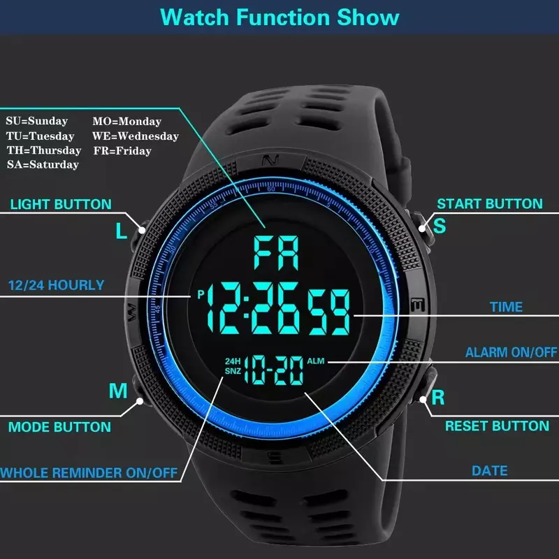 Новинка 1251, многофункциональные часы с будильником, водостойкие цифровые часы Chrono 5Bar, мужские часы для спорта на открытом воздухе, мужские часы