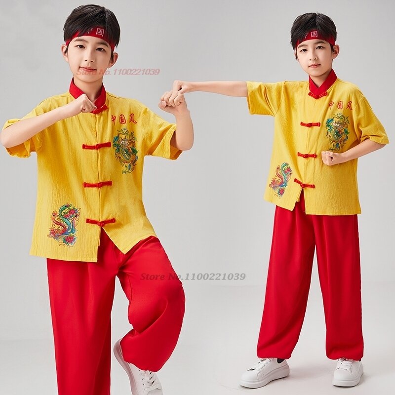 2024 chinesische Kinder Kleidung Drachen druck Wushu Kung Fu Shaolin Kampfkunst Tops Hosen Sport training Übungs anzug