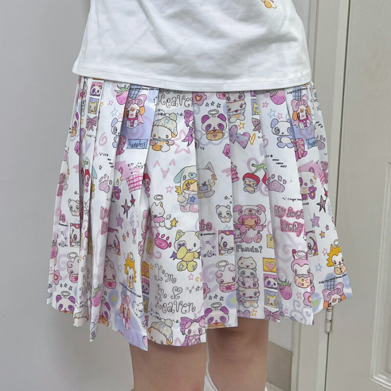 W japońskim stylu Harajuku Y2k Lolita Mini Skiirt kobiety Gothic Streetwear Cartton Print plisowana spódnica Kawaii słodkie słodkie spódnica z wysokim stanem