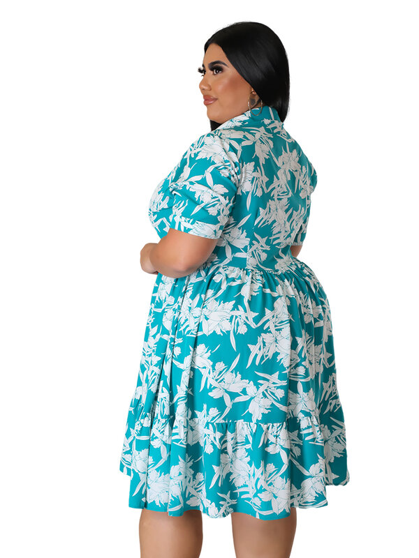 Plus Size Midi Dress Women Floral Print  Female A Line Elegant  Spring Summer Short sleeve Dress Casual Party Dresses