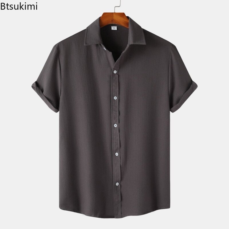2024 Men's Solid Color Casual Shirts Summer New Men Short-sleeved Single Breasted Simple Blouse Tops Male Beach Holiday Camisas