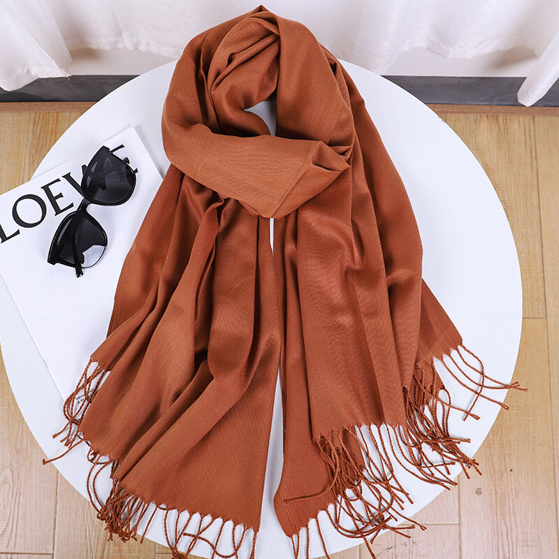 Fashion Solid Color 2021 Women Scarf Winter Hijabs Tessale Tassels Long Lady Shawls Cashmere Like Pashmina Hijabs Scarves Wraps