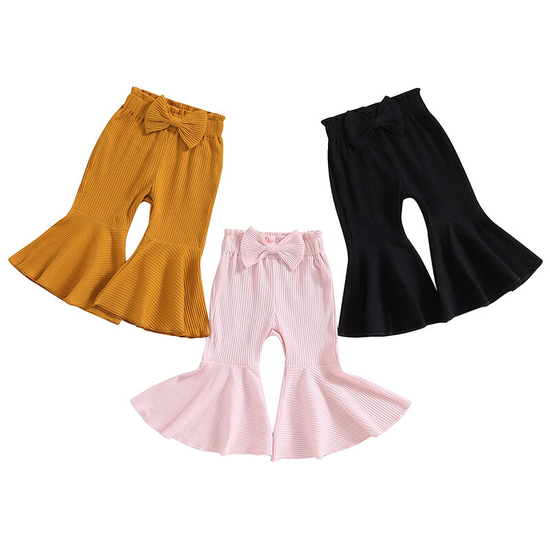 Infant Girl Flare Pants Solid Color Ribbed Trousers Bowknot Elastic Waist Fall Bell Bottom