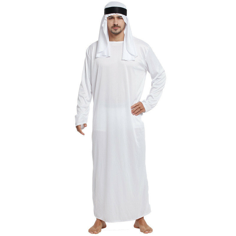 Manto masculino dos Emirados do Oriente Médio com lenço na cabeça, manto islâmico de kaftan, manto branco muçulmano, gola redonda, mangas compridas, árabe saudita