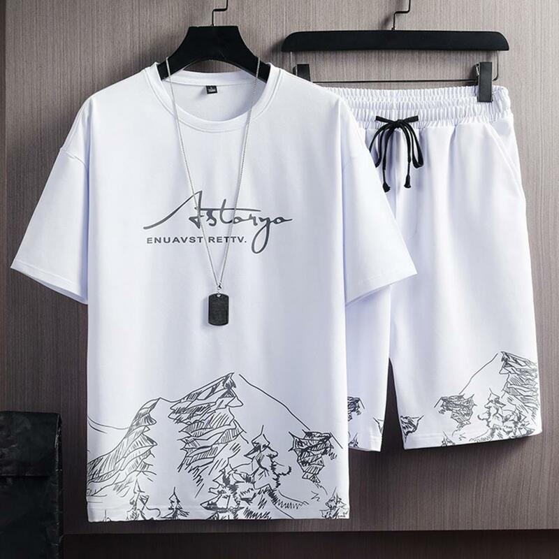 Kaus olahraga cetakan gunung, 2 Pcs/Set gaya longgar celana pendek olahraga setelan kulit leher O pakaian sehari-hari