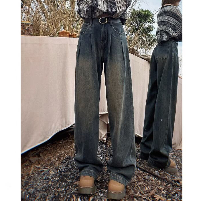 Jeans Vintage a vita alta a gamba larga donna 2024 nuova primavera pantaloni larghi larghi dritti di piccole dimensioni drappeggio lavato