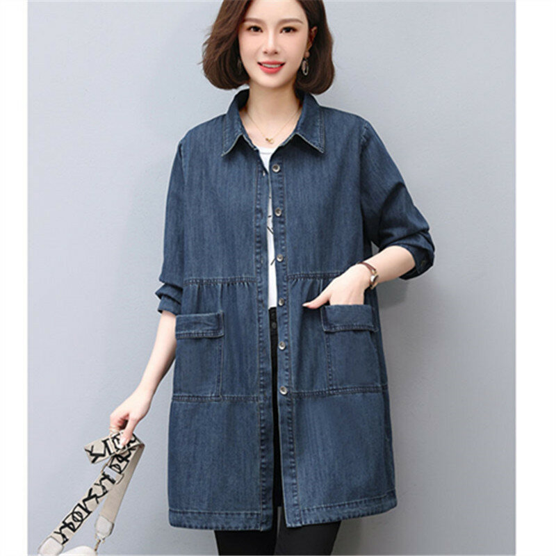 New Spring Autumn Women Jacket Casual Loose Mid Aged Mom Jean Coat Single-Breasted Thin Cowboy Outerwear Ladies Windbreaker B285
