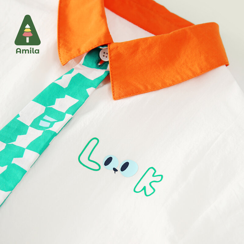 Amila-Boy's Contrasting Collar and Pocket Tie Shirt, roupa de criança, casual, Verão, Novo, 0-6Y, 2022