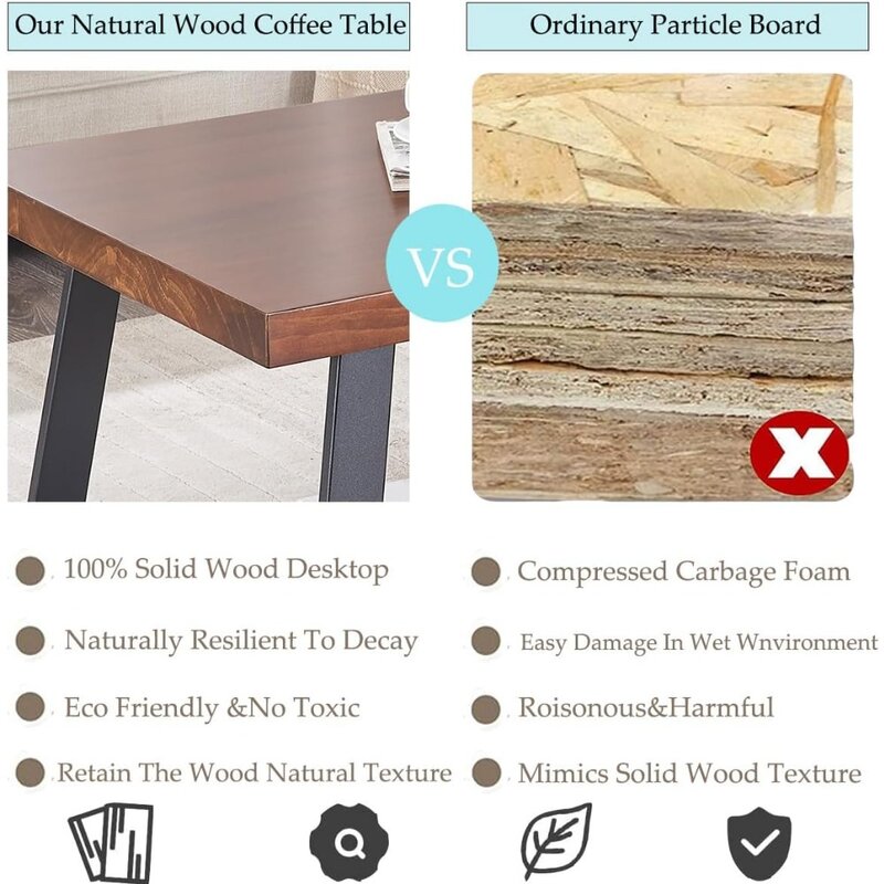 Couch tisch aus Naturholz, Mittel tisch aus Massivholz für das Wohnzimmer, industrielles echtes Holz regal aus rustikalem Metall, 47 Zoll