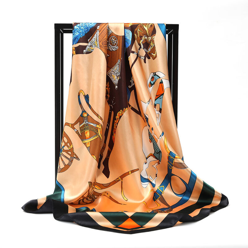 Женский Шелковый квадратный шарф с модным принтом, большой атласный шарф с принтом лошади, Шелковый дизайнерский шарф для упаковки волос в подарок
