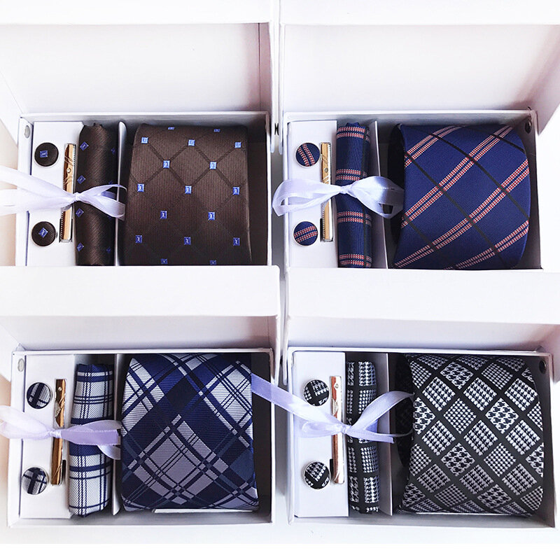 Hochwertige 8cm Business Krawatten für Männer Taschentuch Manschetten knopf Set Krawatten klammern schwarze Krawatte Hochzeit Geschenk box Gravatas Zubehör