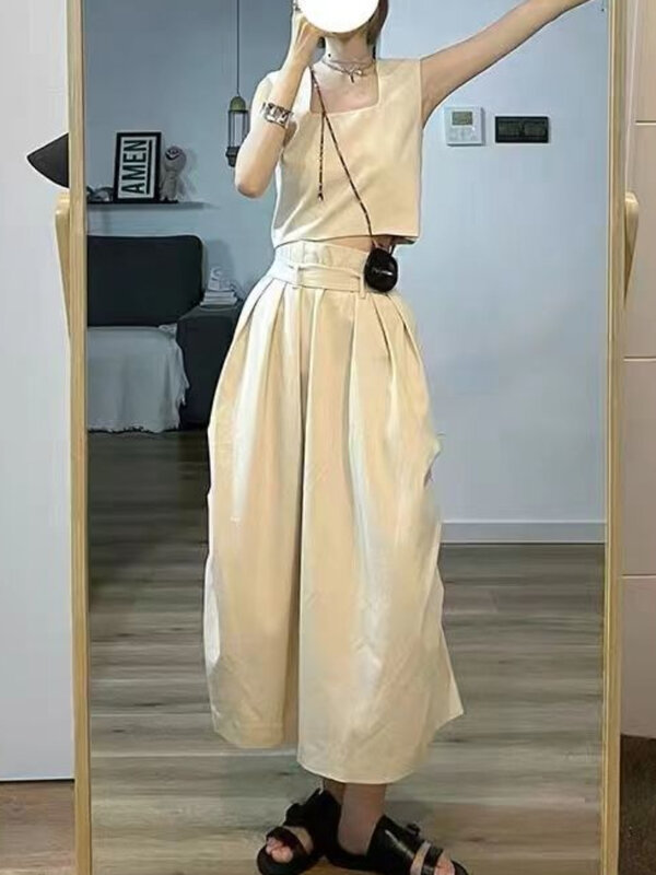 ชุดเสื้อครอปเอวสูง2ชิ้นสำหรับผู้หญิงชุดฮาราจูกุชุดเอวสูงทรงหลวมสไตล์ลำลองทรงหลวมใส่ได้กับฤดูร้อน