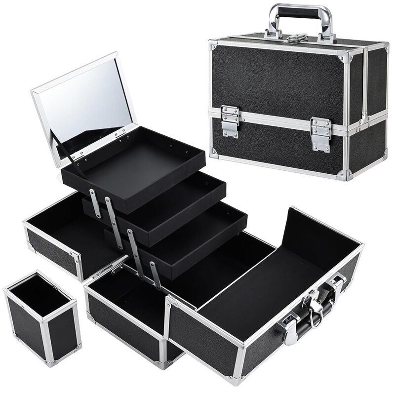 FRENESSA Makeup Train Case 11.8 Inch Extra Large Makeup Organizer Case 3 Trays with Mirror Cosmetic Travel Storage Box