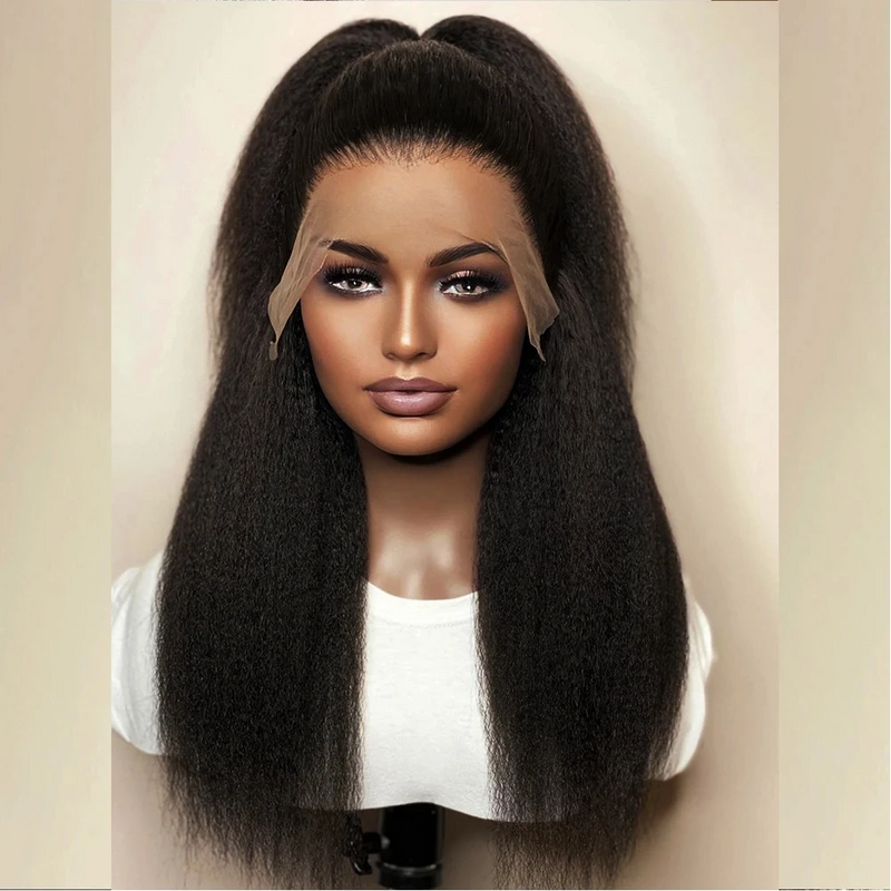 Glueless Black Kinky Straight Baby Hair Lace Front Wig para mulheres negras, pré-arrancadas, resistente ao calor, 26 in, 180Density
