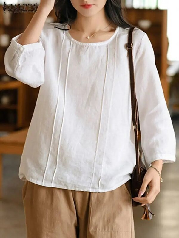 ZANZEA-blusa de algodão para mulheres, camisa com o pescoço, vintage manga 3/4, túnica, camisa feminina, tamanho grande, feriado, outono