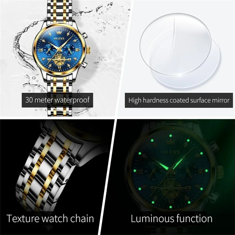 OLEVS-Reloj de pulsera de acero inoxidable para Hombre y mujer, cronógrafo de cuarzo, resistente al agua, marca superior de lujo