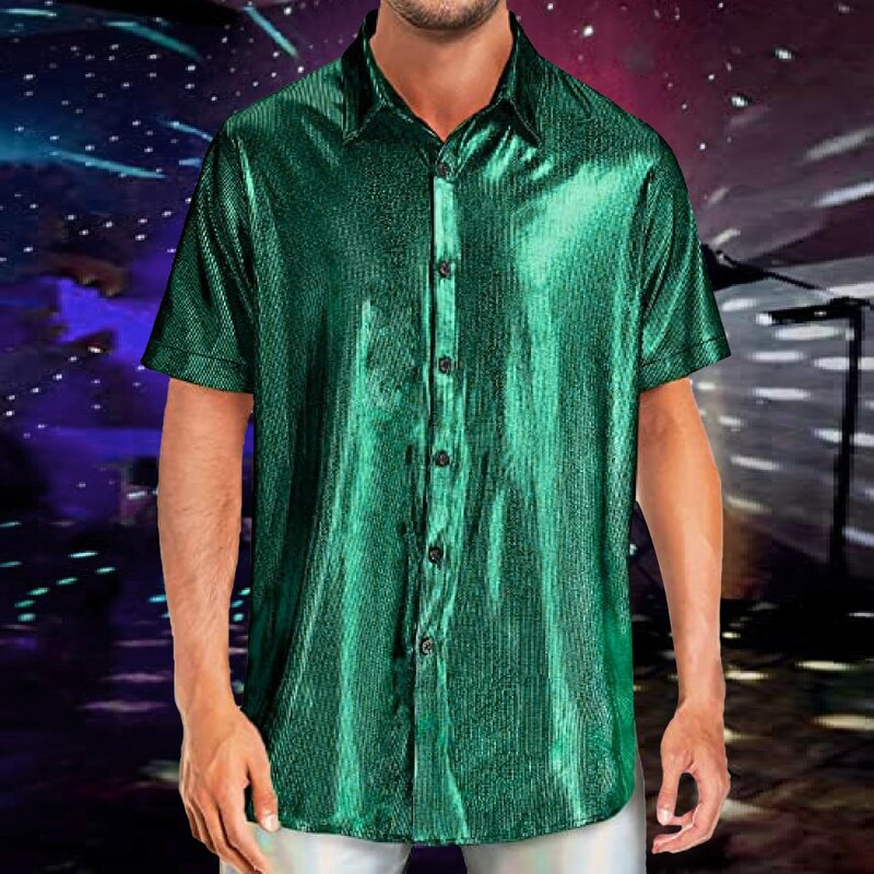Мужская рубашка с блестками и коротким рукавом, облегающая модная футболка с коротким рукавом, хипстерская яркая Мужская рубашка, деловая уличная одежда на пуговицах
