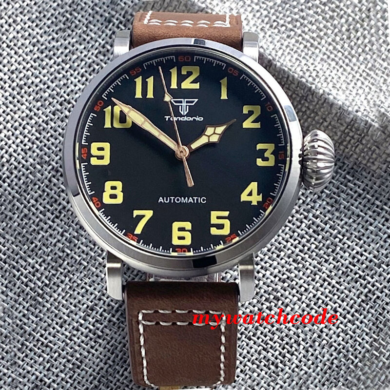 47mm Vinatge Tandorio NH35A PT5000 zegarek automatyczny dla mężczyzn świecąca czarna tarcza szafirowa stalowa zegar szafirowe szkło
