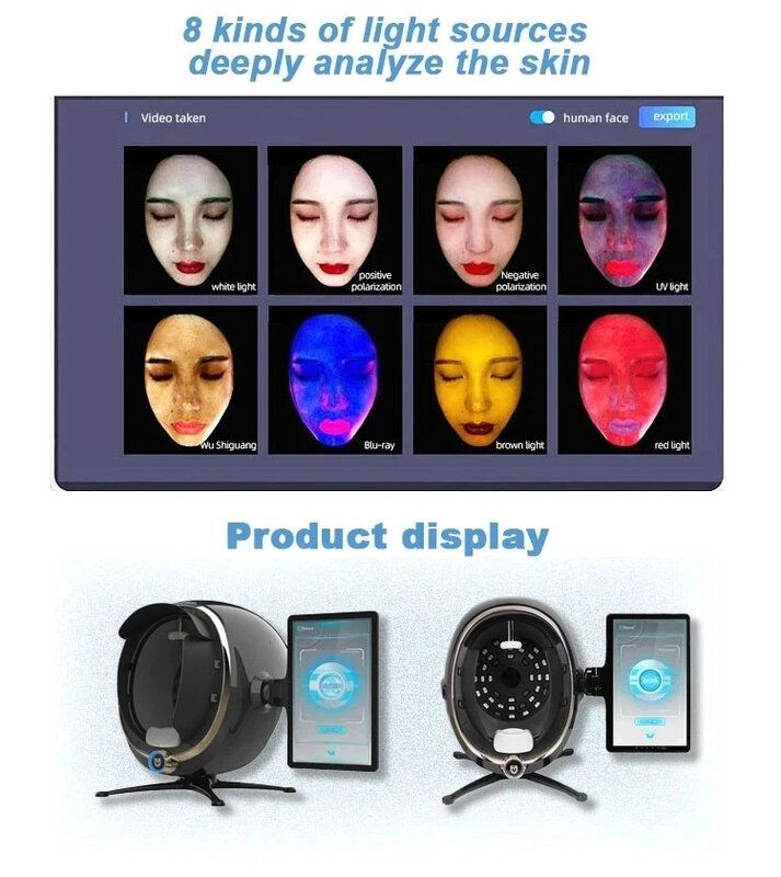 محلل جلد محمول مع مرآة سحرية ، آلة العناية بالوجه ، شاشة إنجليزية ، تحليل كاميرا الوجه ، اختبار الكاميرا ، ثلاثي الأبعاد