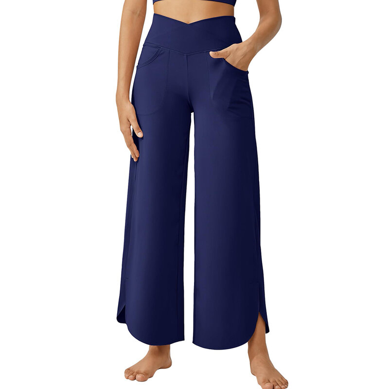 Pantalones de pierna ancha para mujer, cintura alta elástica, informales, rectos, de algodón y lino, recortados, sólidos, para ejercicio de Yoga en casa