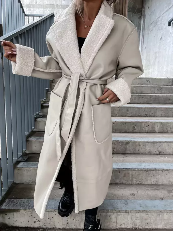 Faux Leather Panelled Turndown Collar Overcoat Women 2022 Warm Long Sleeve Loose Female Coats Office Lady Elegant Pocket Coat